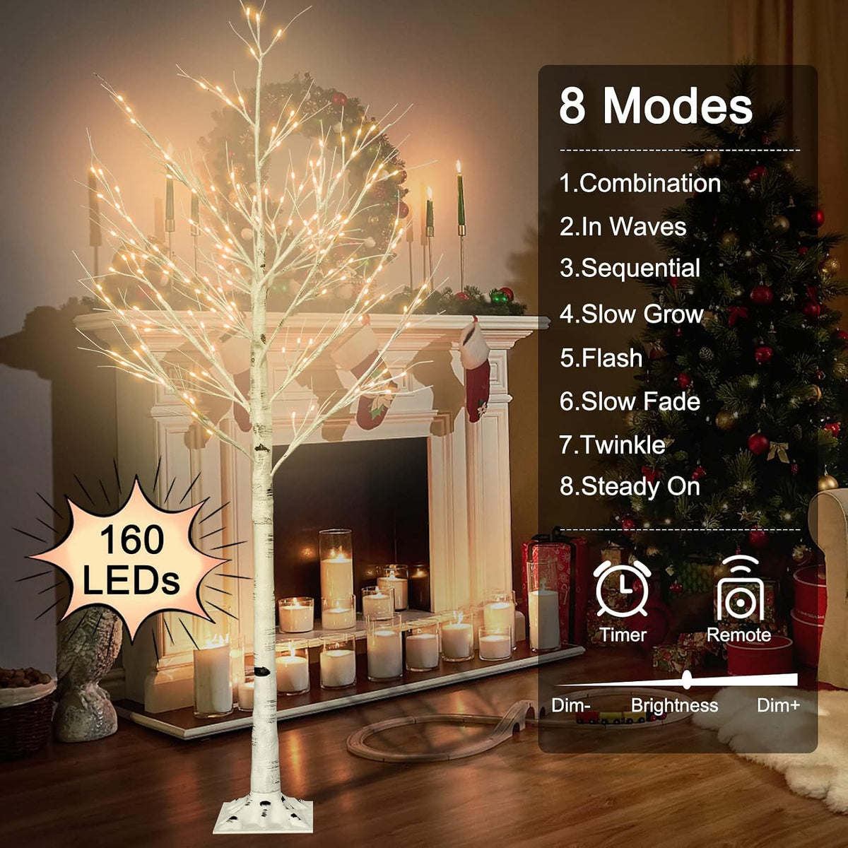 6FT Lighted Birch Tree with 160 LEDs Warm White Lights, 8 Functions Remote Faux Tree with Lights for Indoor Outdoor Summer Christmas Holiday Party Decoration