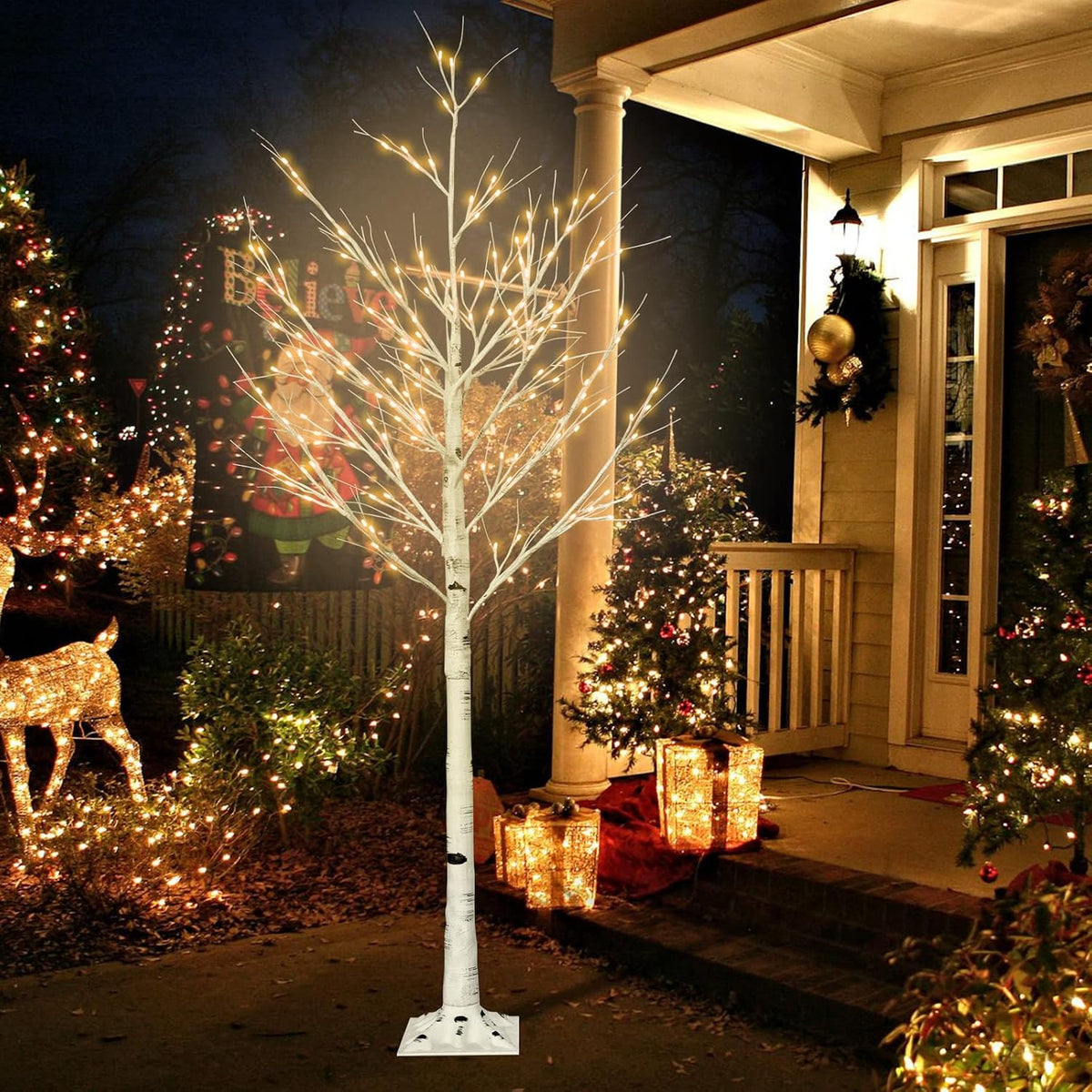 6FT Lighted Birch Tree with 160 LEDs Warm White Lights, 8 Functions Remote Faux Tree with Lights for Indoor Outdoor Summer Christmas Holiday Party Decoration