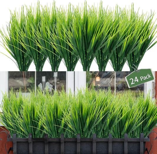 24 Bundles Artificial Wheat Grass Fake Plants Outdoor Faux Greenery Stems Plastic Shrubs UV Resistant Faux Plastic Plants for Patio Garden Porch Window Box Spring Home Decor