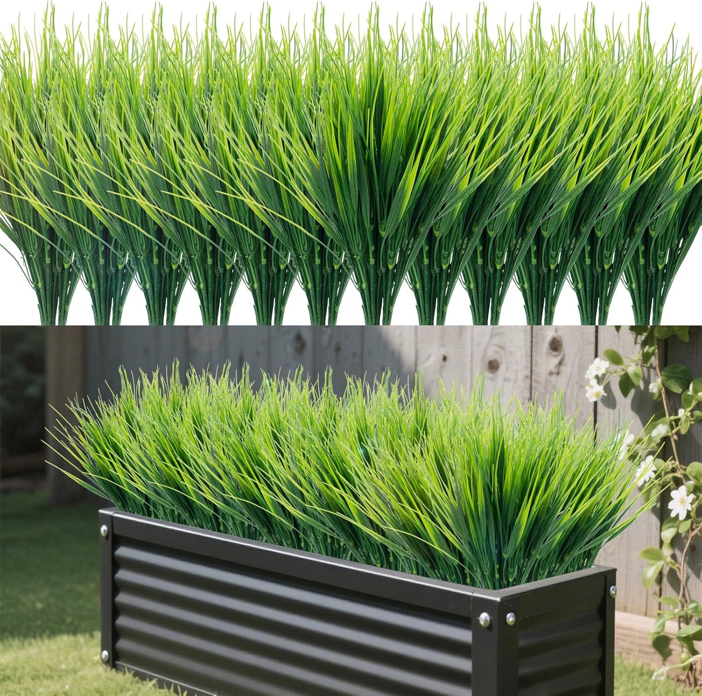 24 Bundles Artificial Wheat Grass Fake Plants Outdoor Faux Greenery Stems Plastic Shrubs UV Resistant Faux Plastic Plants for Patio Garden Porch Window Box Spring Home Decor