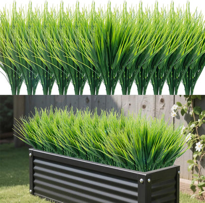 24 Bundles Artificial Wheat Grass Fake Plants Outdoor Faux Greenery Stems Plastic Shrubs UV Resistant Faux Plastic Plants for Patio Garden Porch Window Box Spring Home Decor
