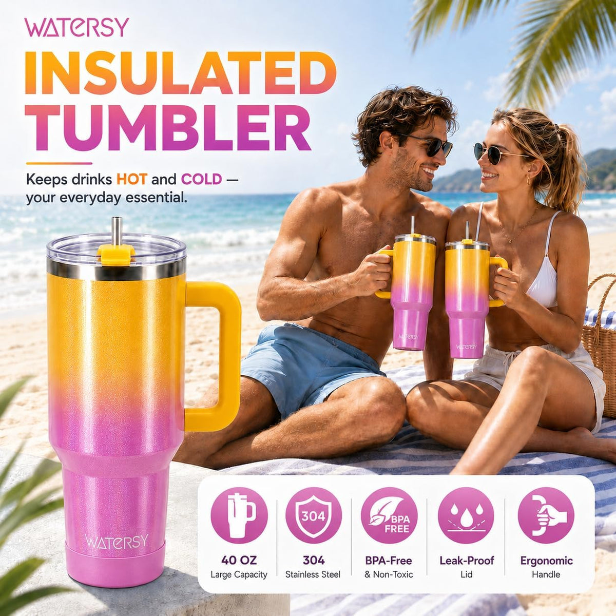 WATERSY 40 oz Tumbler, 18/8 Stainless Steel Insulated Travel Mug