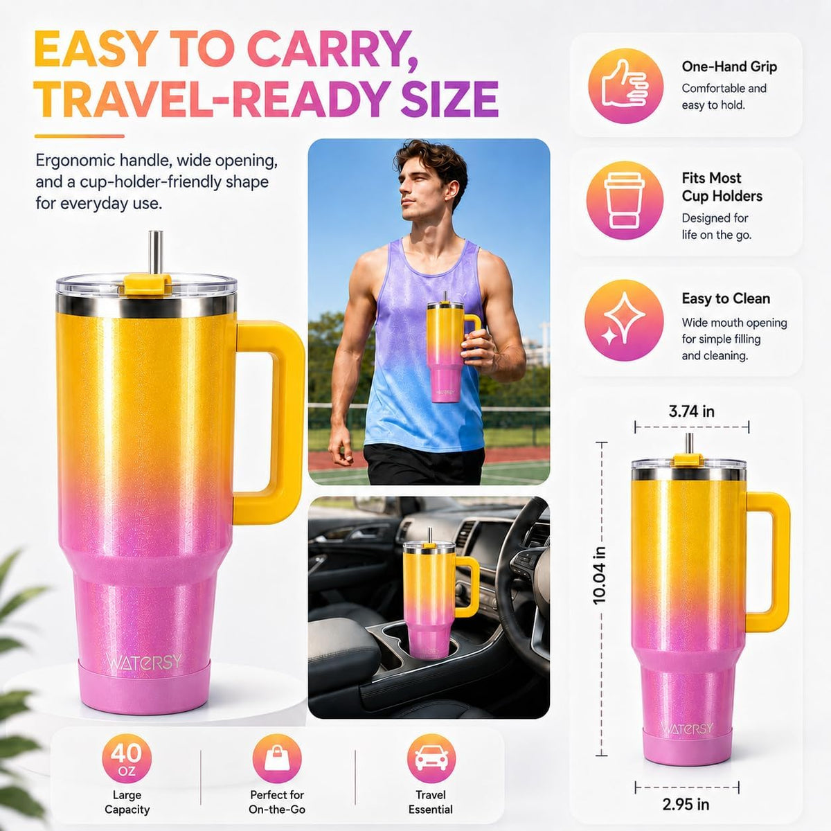 WATERSY 40 oz Tumbler, 18/8 Stainless Steel Insulated Travel Mug