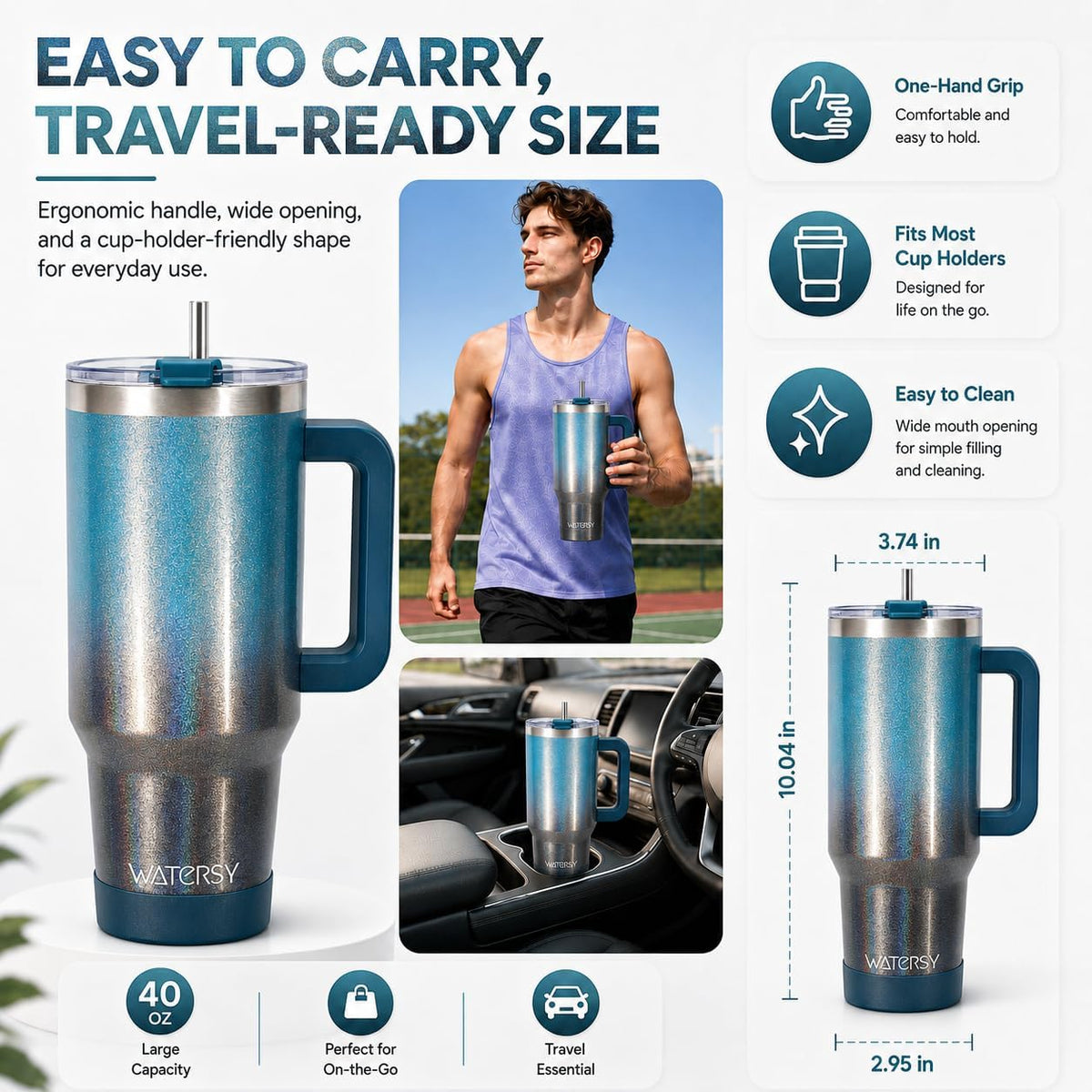 WATERSY 40 oz Tumbler, 18/8 Stainless Steel Insulated Travel Mug