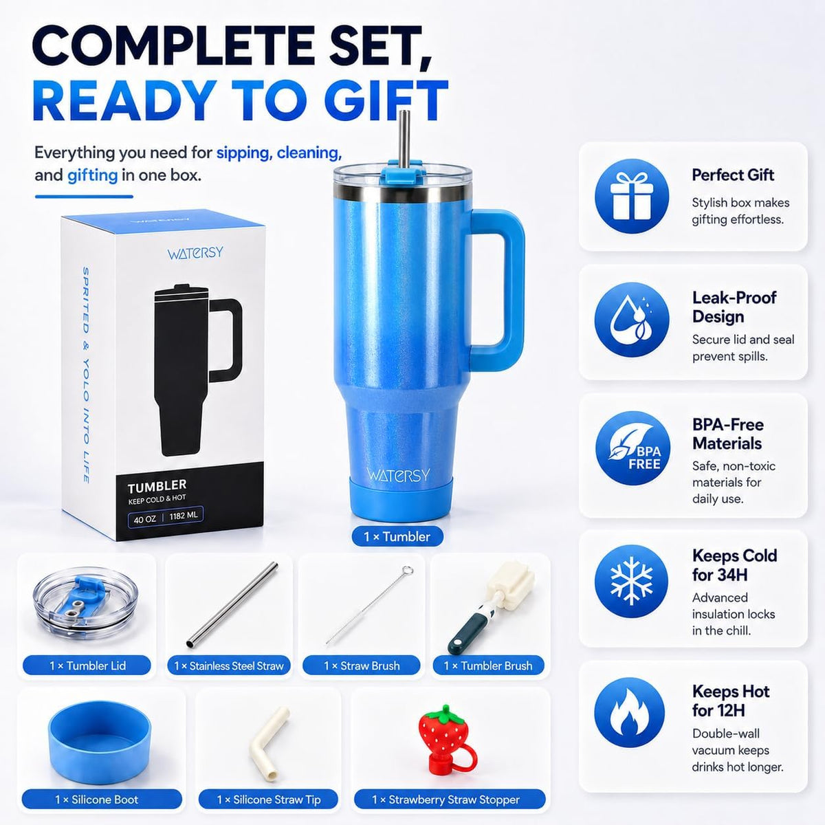 WATERSY 40 oz Tumbler, 18/8 Stainless Steel Insulated Travel Mug