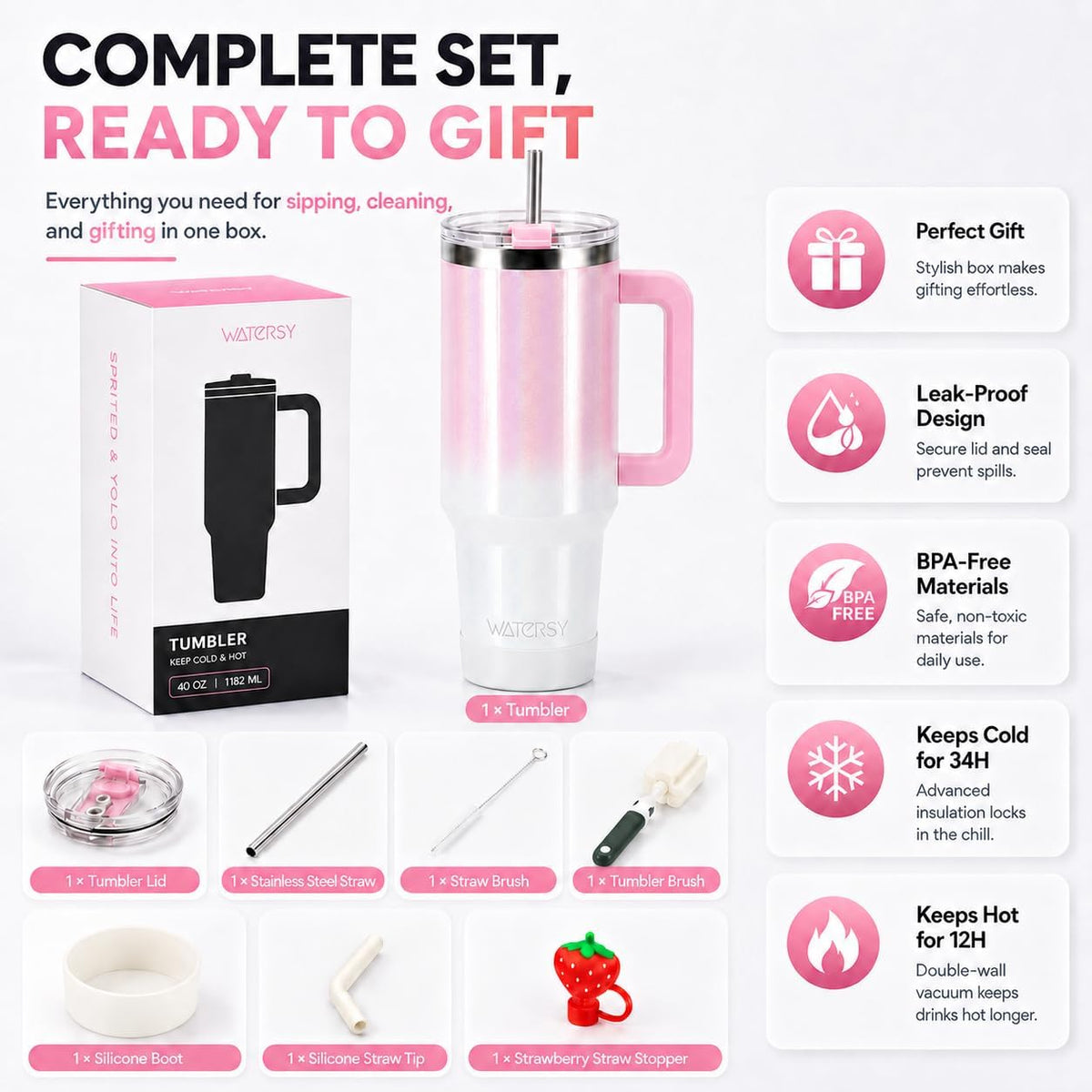 WATERSY 40 oz Tumbler, 18/8 Stainless Steel Insulated Travel Mug