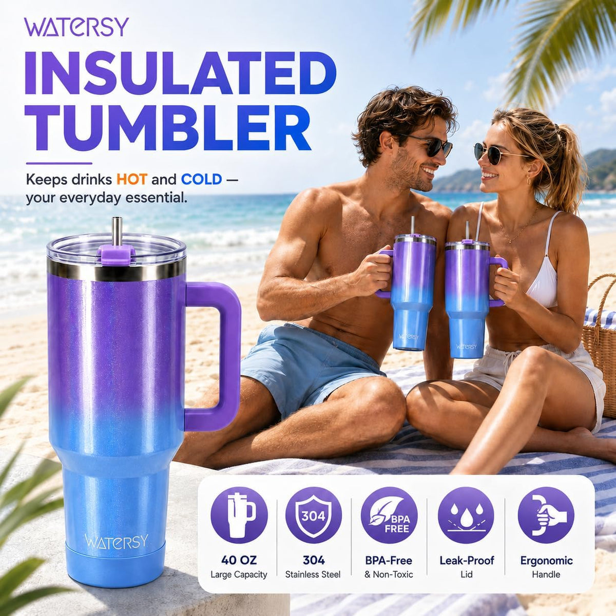 WATERSY 40 oz Tumbler, 18/8 Stainless Steel Insulated Travel Mug