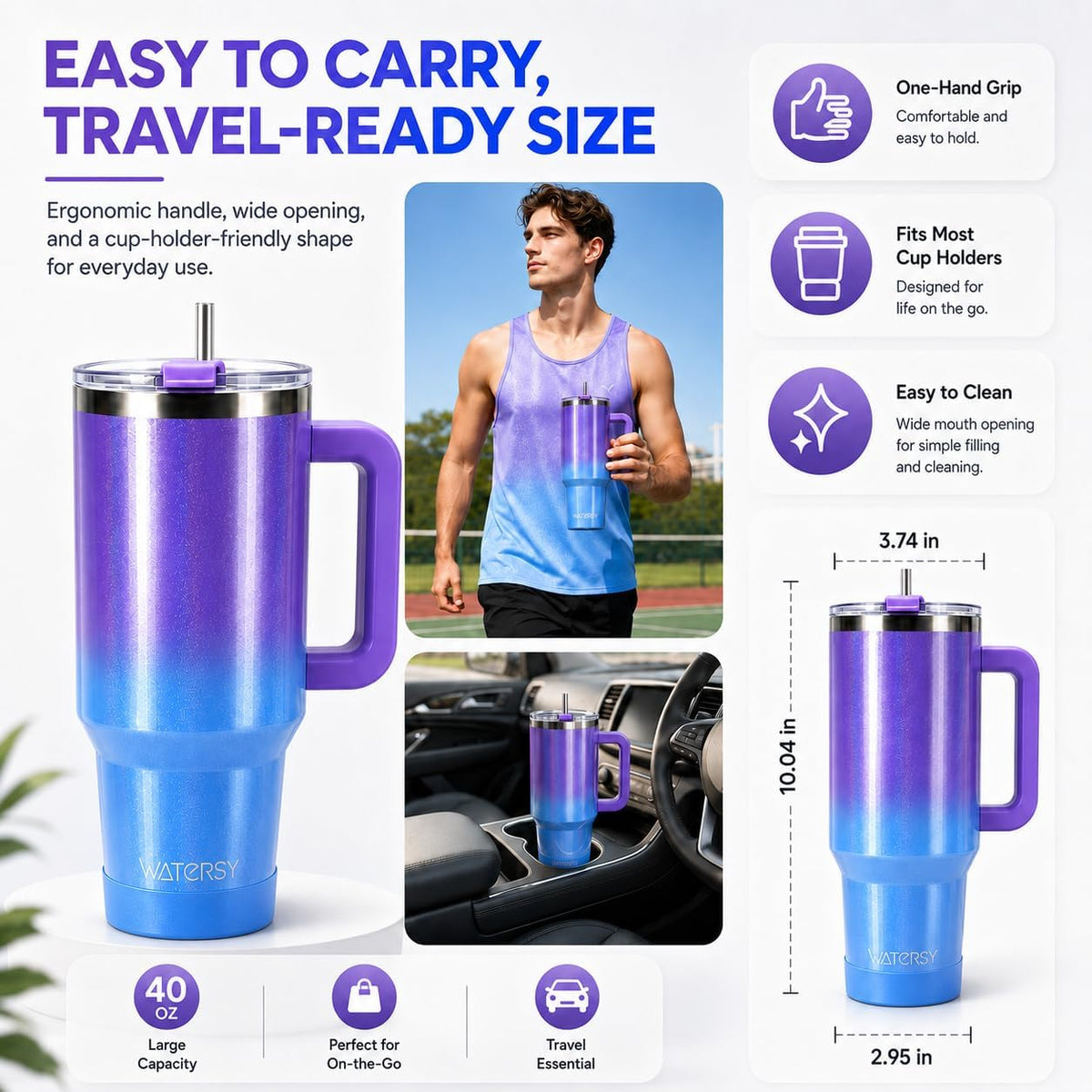 WATERSY 40 oz Tumbler, 18/8 Stainless Steel Insulated Travel Mug