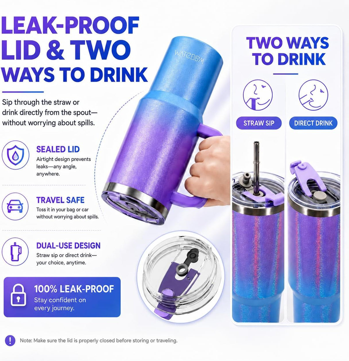 WATERSY 40 oz Tumbler, 18/8 Stainless Steel Insulated Travel Mug