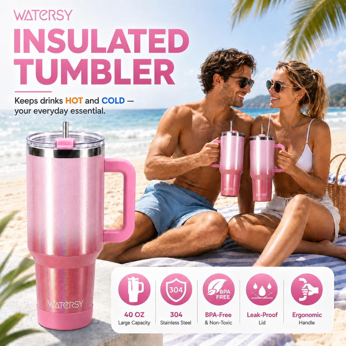 WATERSY 40 oz Tumbler, 18/8 Stainless Steel Insulated Travel Mug