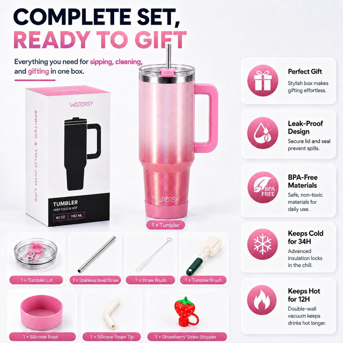 WATERSY 40 oz Tumbler, 18/8 Stainless Steel Insulated Travel Mug