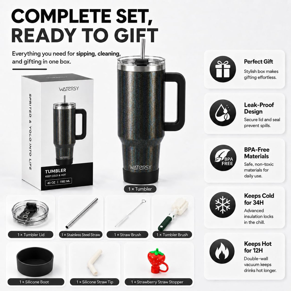 WATERSY 40 oz Tumbler, 18/8 Stainless Steel Insulated Travel Mug