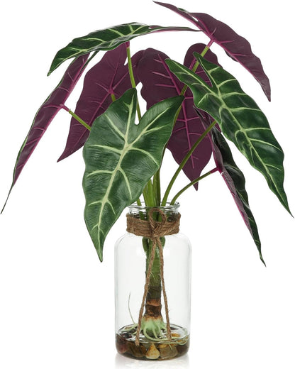 15'' Tall Fake Plants Alocasia Polly Faux Plant Indoor in Glass Vase with Stone and Faux Water, Realistic Artificial Root Propagation Plants for Home Farmhouse Table Bathroom Desk Decor