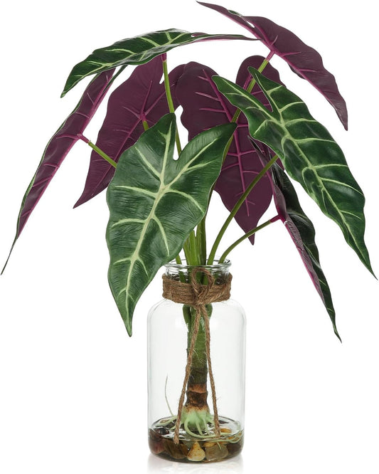 15'' Tall Fake Plants Alocasia Polly Faux Plant Indoor in Glass Vase with Stone and Faux Water, Realistic Artificial Root Propagation Plants for Home Farmhouse Table Bathroom Desk Decor