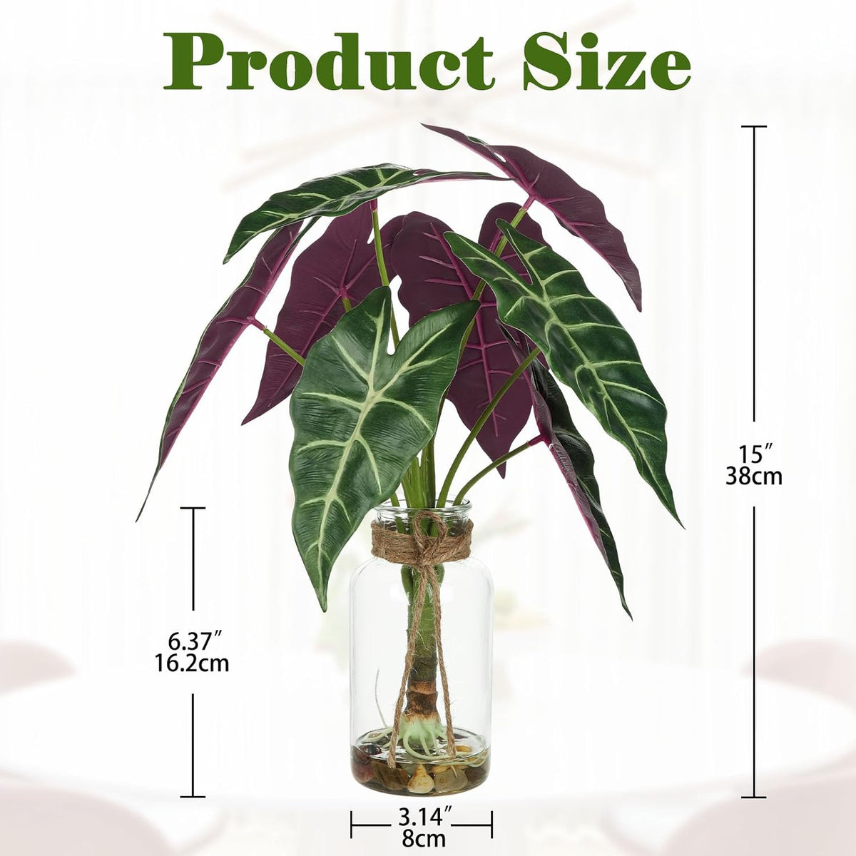 15'' Tall Fake Plants Alocasia Polly Faux Plant Indoor in Glass Vase with Stone and Faux Water, Realistic Artificial Root Propagation Plants for Home Farmhouse Table Bathroom Desk Decor