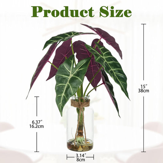 15'' Tall Fake Plants Alocasia Polly Faux Plant Indoor in Glass Vase with Stone and Faux Water, Realistic Artificial Root Propagation Plants for Home Farmhouse Table Bathroom Desk Decor