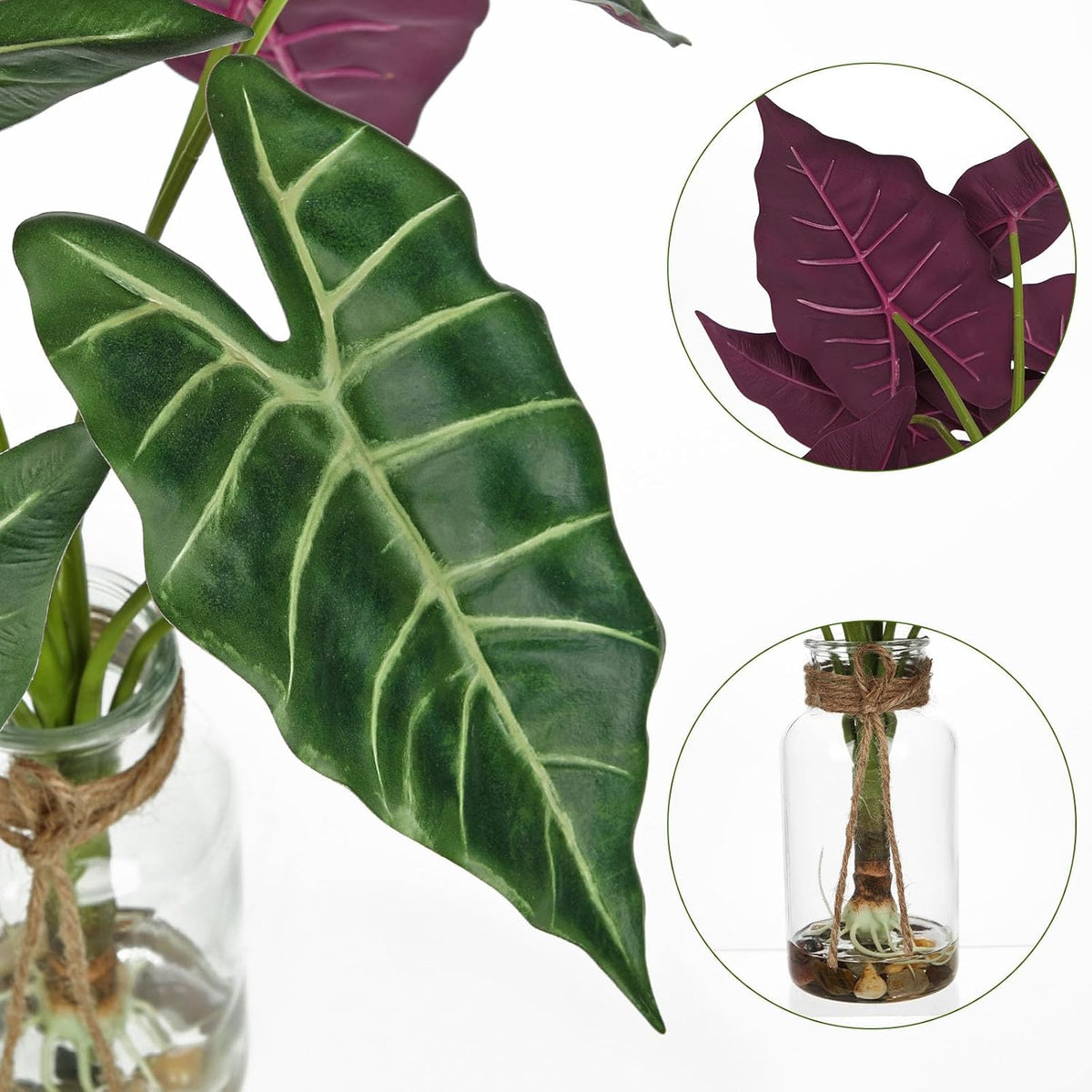 15'' Tall Fake Plants Alocasia Polly Faux Plant Indoor in Glass Vase with Stone and Faux Water, Realistic Artificial Root Propagation Plants for Home Farmhouse Table Bathroom Desk Decor