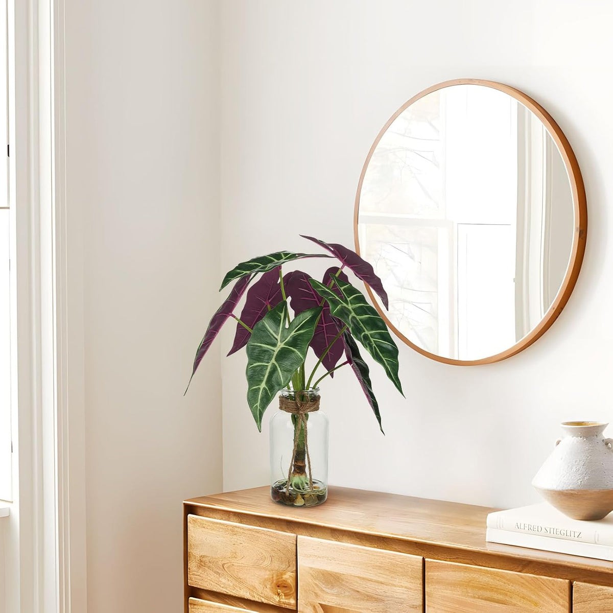 15'' Tall Fake Plants Alocasia Polly Faux Plant Indoor in Glass Vase with Stone and Faux Water, Realistic Artificial Root Propagation Plants for Home Farmhouse Table Bathroom Desk Decor