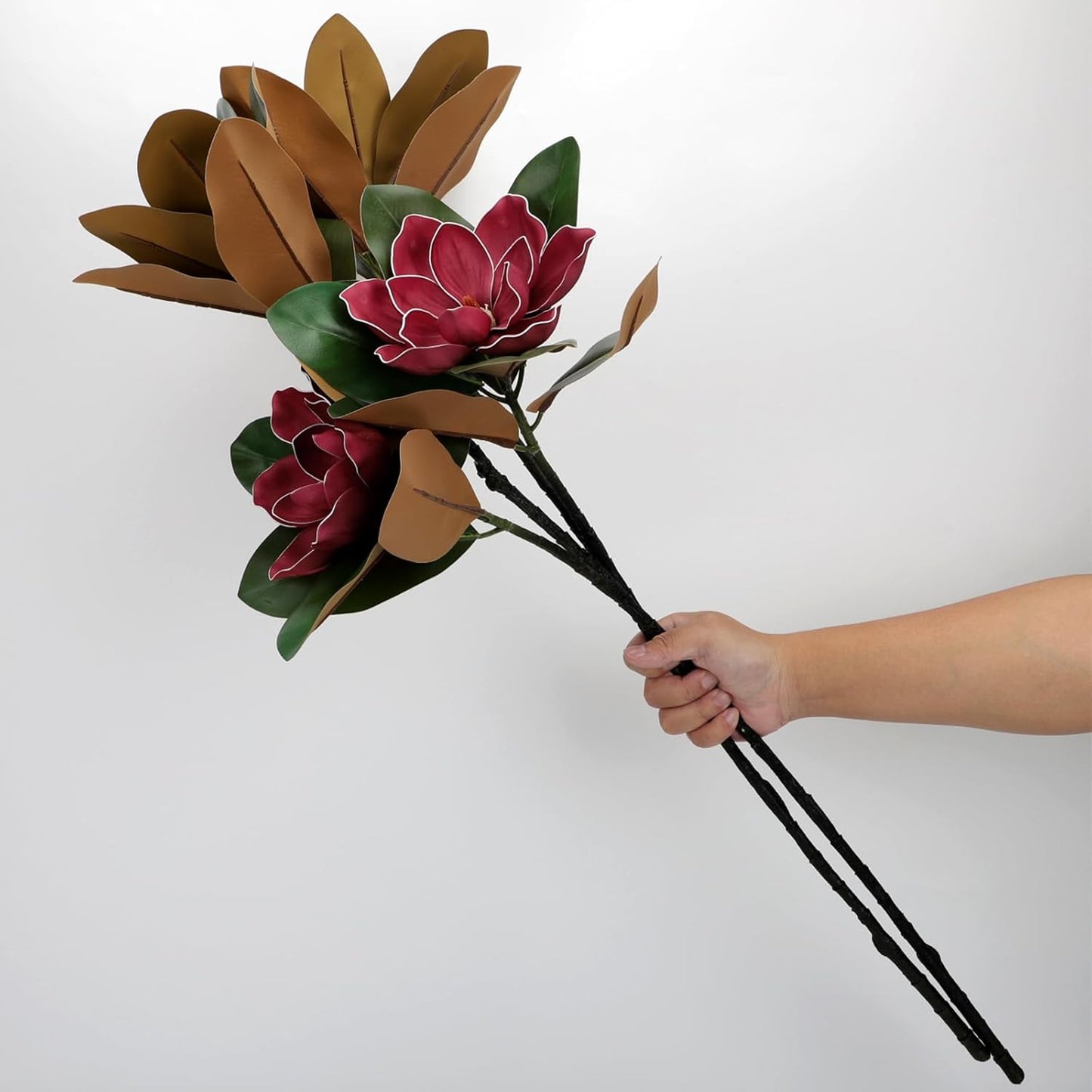 2PCS 33.5inch Artificial Magnolia Flowers with Green Magnolia Leaves and Fruit 3D Real Touch 2 Heads Long Stem Faux Magnolias Flower for Home Wedding Table Office Floral Arrangement Decoration (White)