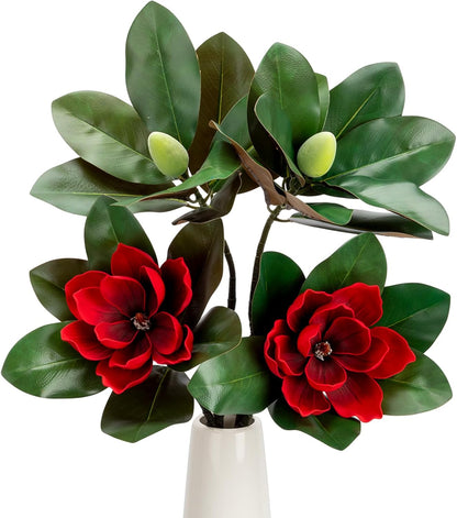 2PCS 33.5inch Artificial Magnolia Flowers with Green Magnolia Leaves and Fruit 3D Real Touch 2 Heads Long Stem Faux Magnolias Flower for Home Wedding Table Office Floral Arrangement Decoration (White)