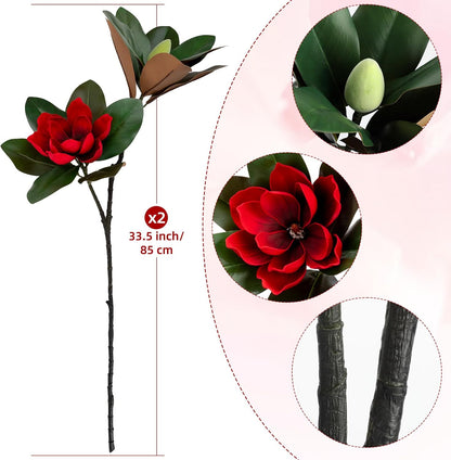 2PCS 33.5inch Artificial Magnolia Flowers with Green Magnolia Leaves and Fruit 3D Real Touch 2 Heads Long Stem Faux Magnolias Flower for Home Wedding Table Office Floral Arrangement Decoration (White)