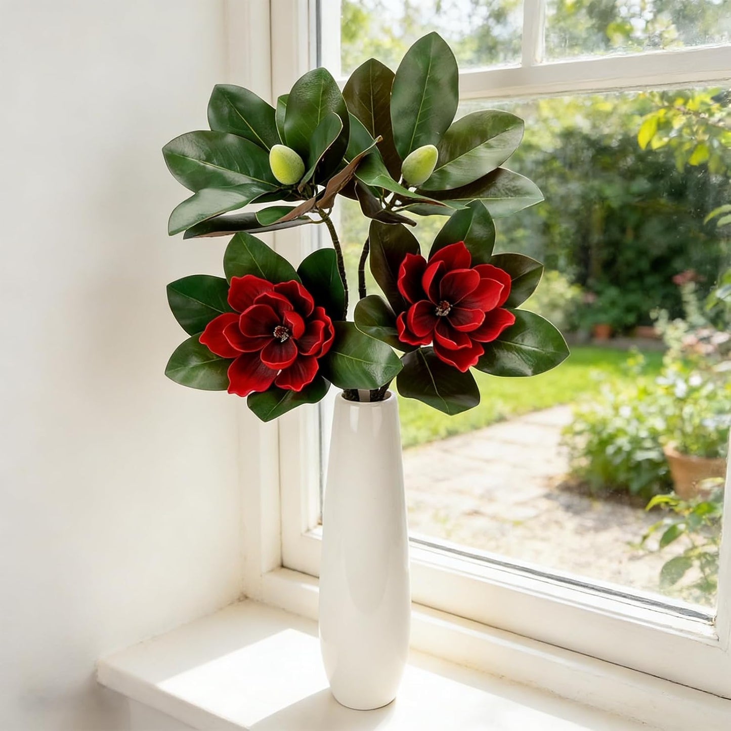 2PCS 33.5inch Artificial Magnolia Flowers with Green Magnolia Leaves and Fruit 3D Real Touch 2 Heads Long Stem Faux Magnolias Flower for Home Wedding Table Office Floral Arrangement Decoration (White)