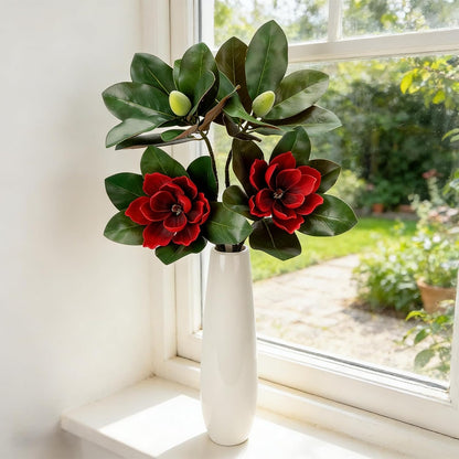 2PCS 33.5inch Artificial Magnolia Flowers with Green Magnolia Leaves and Fruit 3D Real Touch 2 Heads Long Stem Faux Magnolias Flower for Home Wedding Table Office Floral Arrangement Decoration (White)