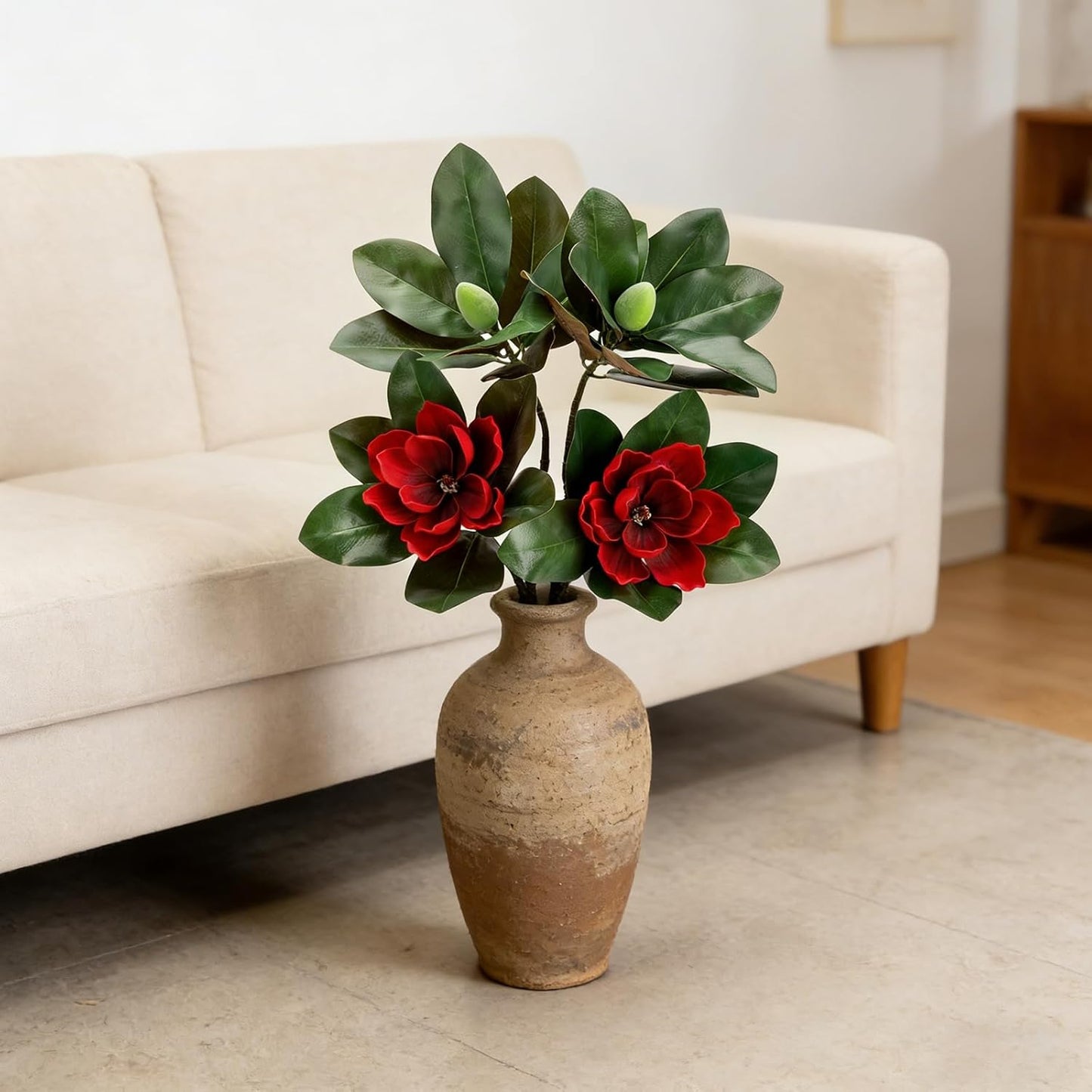 2PCS 33.5inch Artificial Magnolia Flowers with Green Magnolia Leaves and Fruit 3D Real Touch 2 Heads Long Stem Faux Magnolias Flower for Home Wedding Table Office Floral Arrangement Decoration (White)
