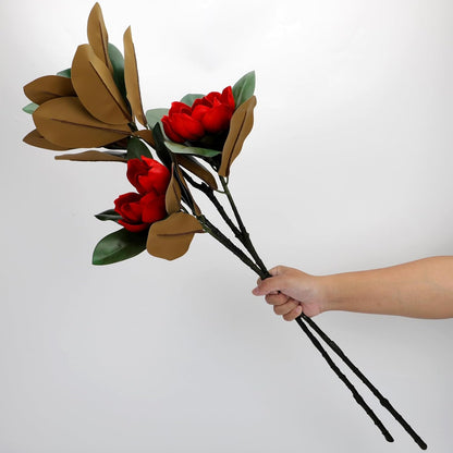 2PCS 33.5inch Artificial Magnolia Flowers with Green Magnolia Leaves and Fruit 3D Real Touch 2 Heads Long Stem Faux Magnolias Flower for Home Wedding Table Office Floral Arrangement Decoration (White)
