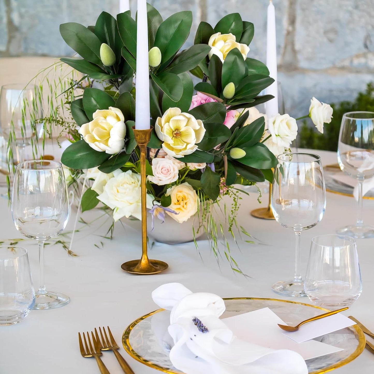 2PCS 33.5inch Artificial Magnolia Flowers with Green Magnolia Leaves and Fruit 3D Real Touch 2 Heads Long Stem Faux Magnolias Flower for Home Wedding Table Office Floral Arrangement Decoration (White)