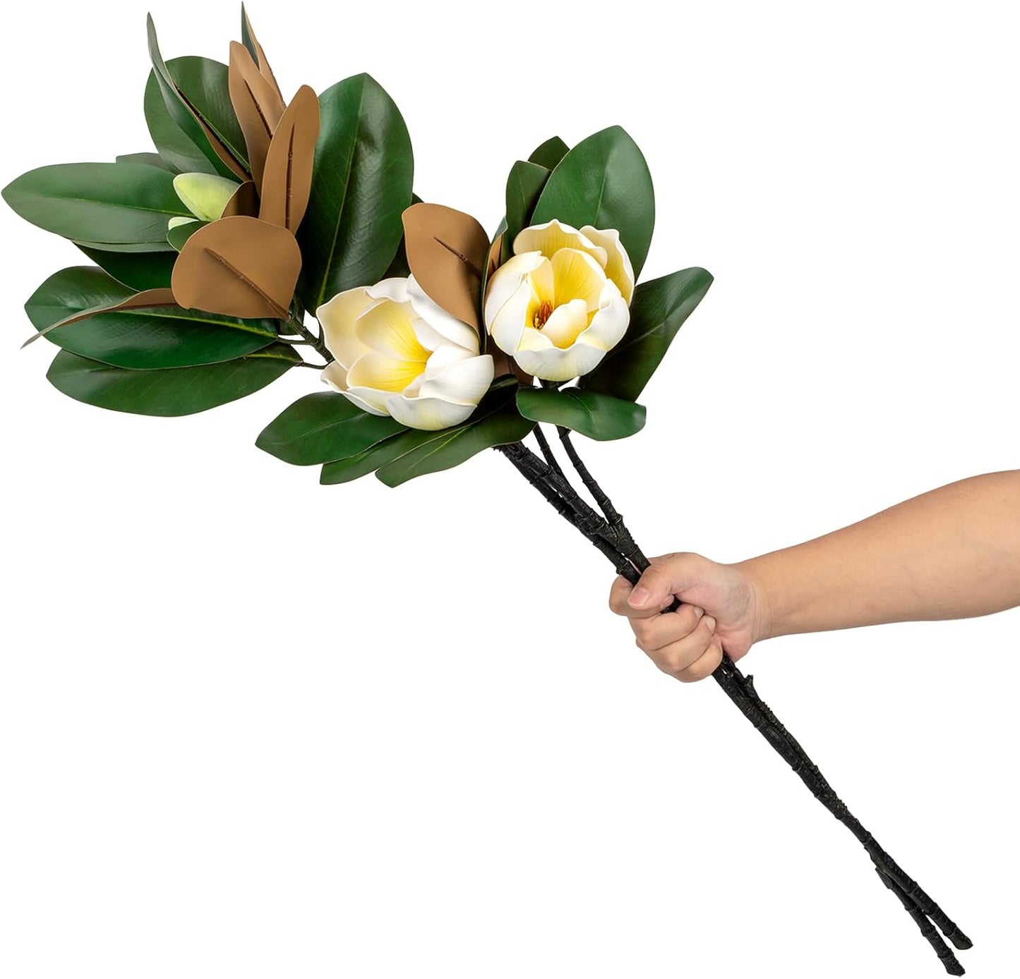 2PCS 33.5inch Artificial Magnolia Flowers with Green Magnolia Leaves and Fruit 3D Real Touch 2 Heads Long Stem Faux Magnolias Flower for Home Wedding Table Office Floral Arrangement Decoration (White)