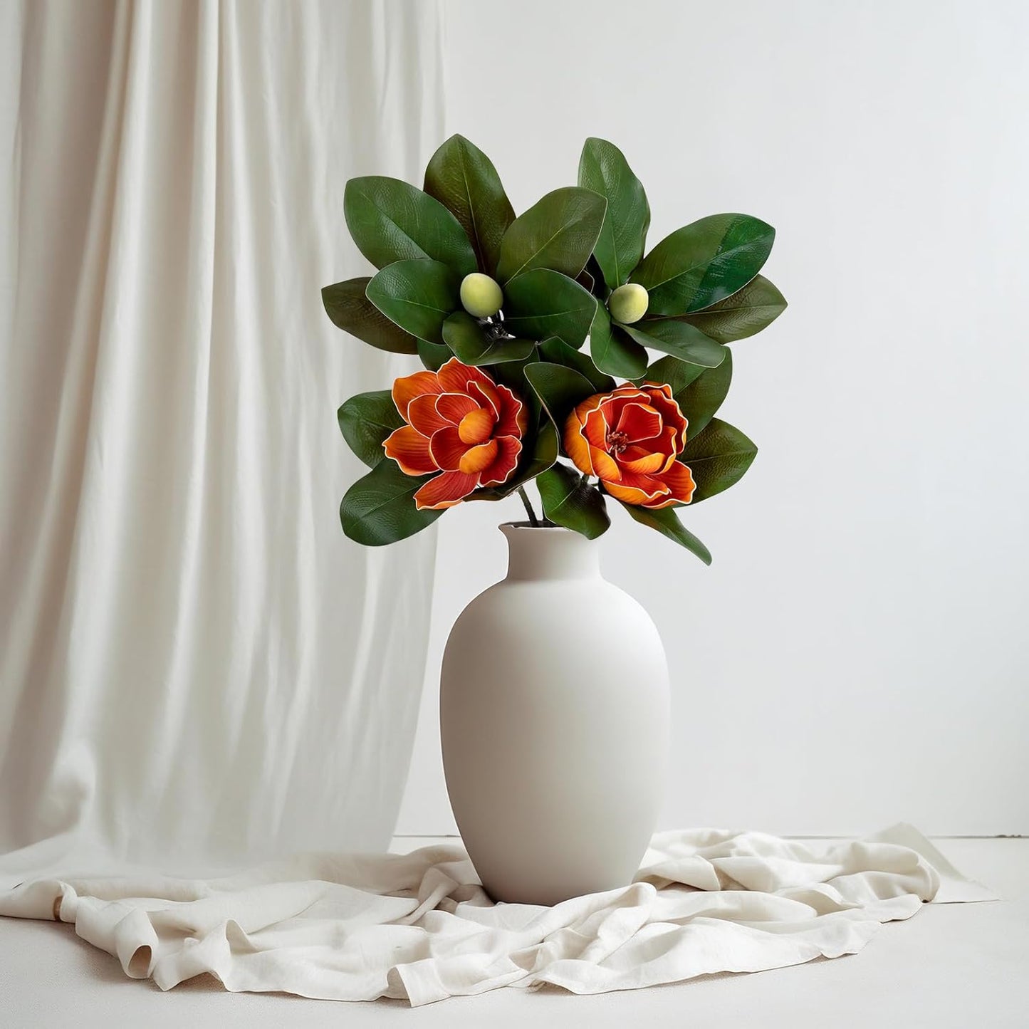 2PCS 33.5inch Artificial Magnolia Flowers with Green Magnolia Leaves and Fruit 3D Real Touch 2 Heads Long Stem Faux Magnolias Flower for Home Wedding Table Office Floral Arrangement Decoration (White)