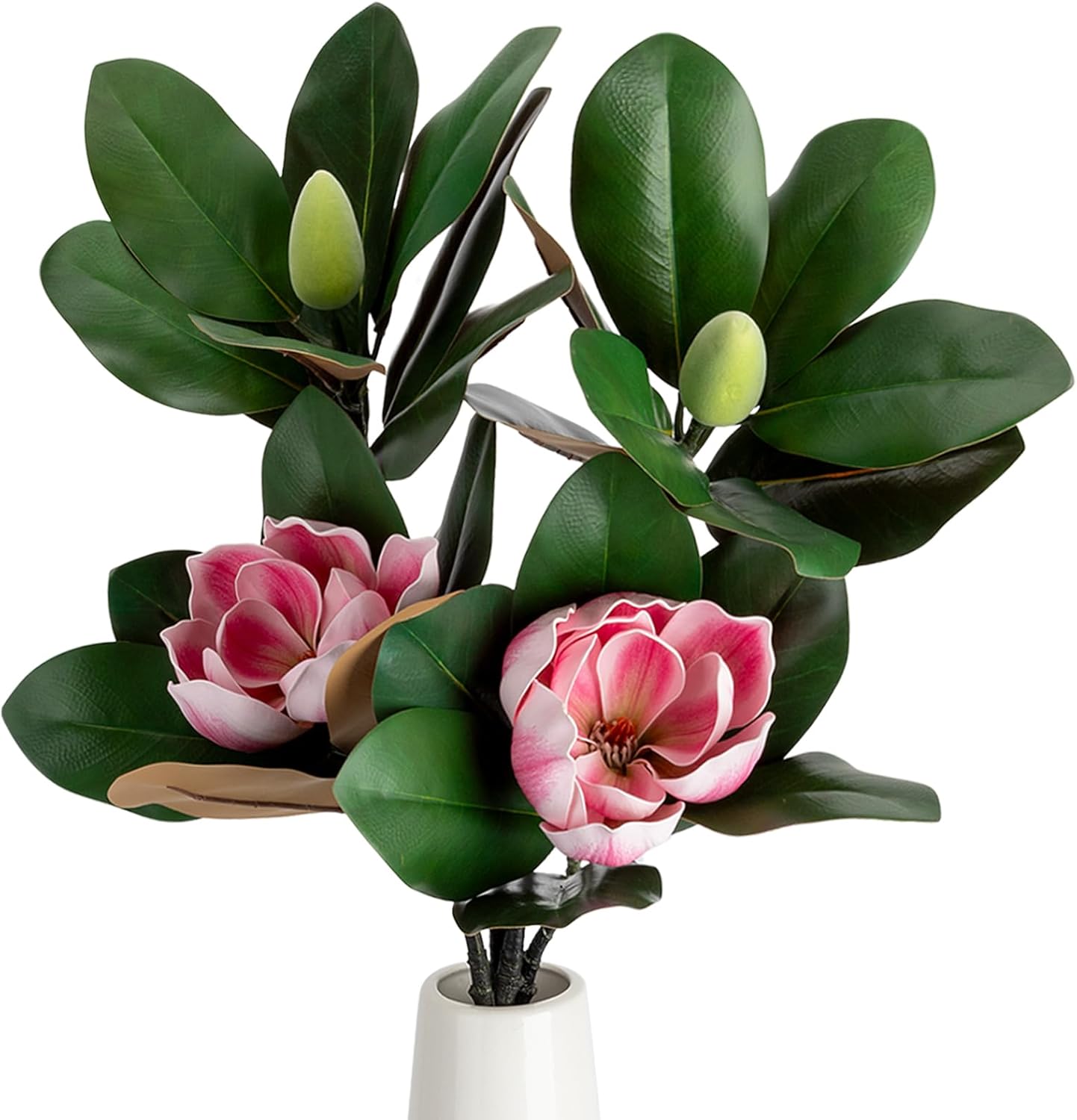 2PCS 33.5inch Artificial Magnolia Flowers with Green Magnolia Leaves and Fruit 3D Real Touch 2 Heads Long Stem Faux Magnolias Flower for Home Wedding Table Office Floral Arrangement Decoration (White)