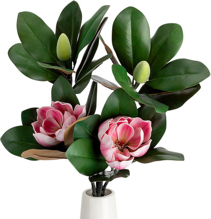2PCS 33.5inch Artificial Magnolia Flowers with Green Magnolia Leaves and Fruit 3D Real Touch 2 Heads Long Stem Faux Magnolias Flower for Home Wedding Table Office Floral Arrangement Decoration (White)