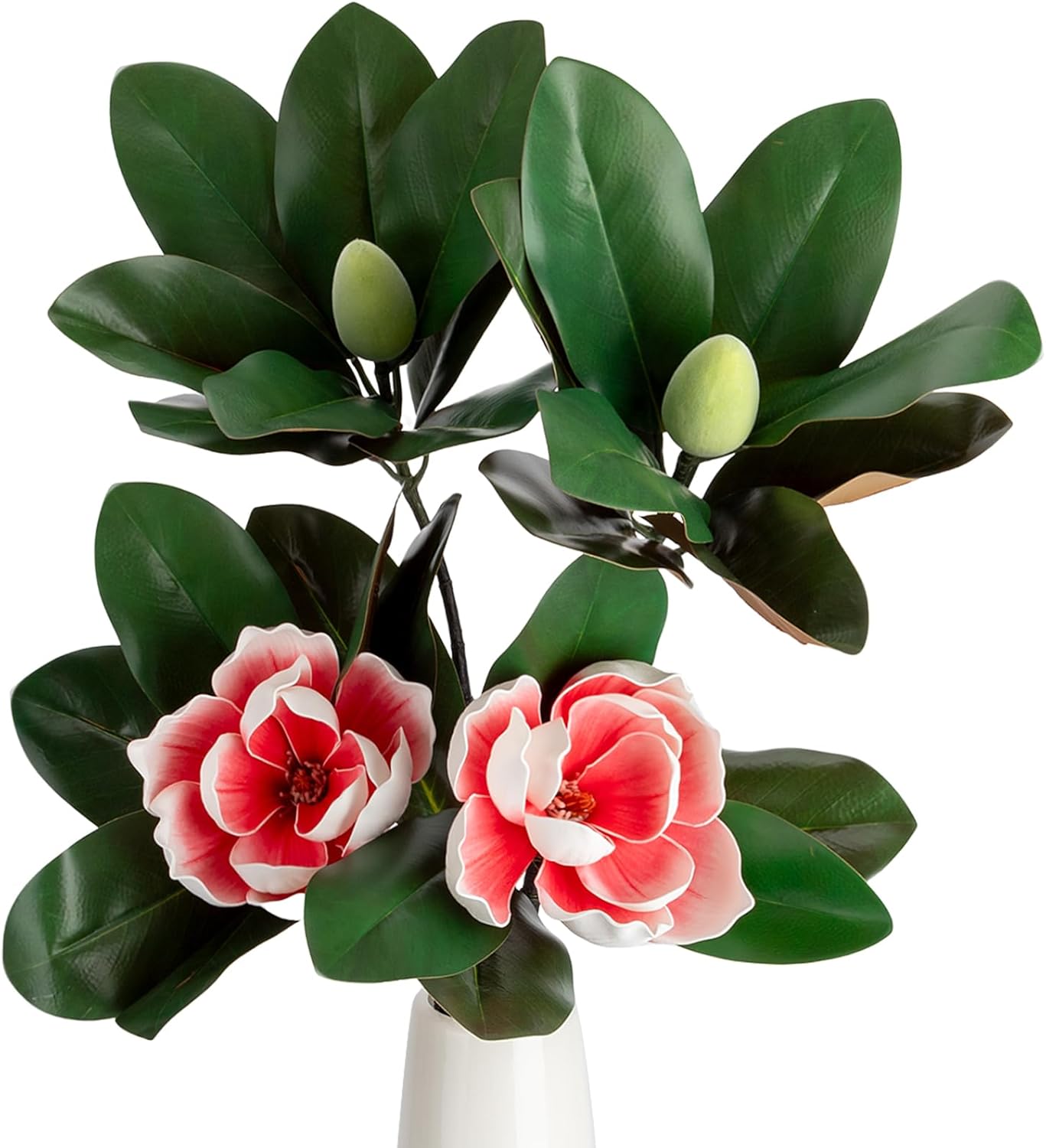 2PCS 33.5inch Artificial Magnolia Flowers with Green Magnolia Leaves and Fruit 3D Real Touch 2 Heads Long Stem Faux Magnolias Flower for Home Wedding Table Office Floral Arrangement Decoration (White)