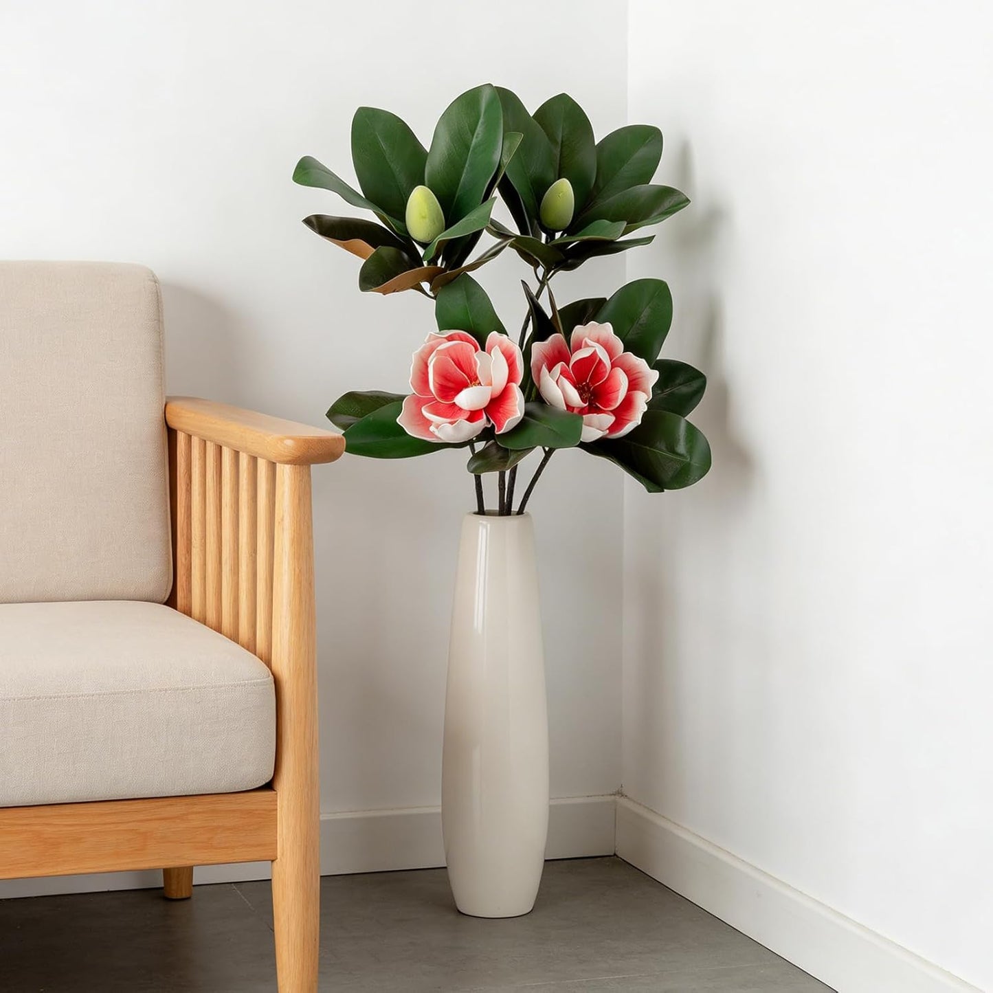 2PCS 33.5inch Artificial Magnolia Flowers with Green Magnolia Leaves and Fruit 3D Real Touch 2 Heads Long Stem Faux Magnolias Flower for Home Wedding Table Office Floral Arrangement Decoration (White)