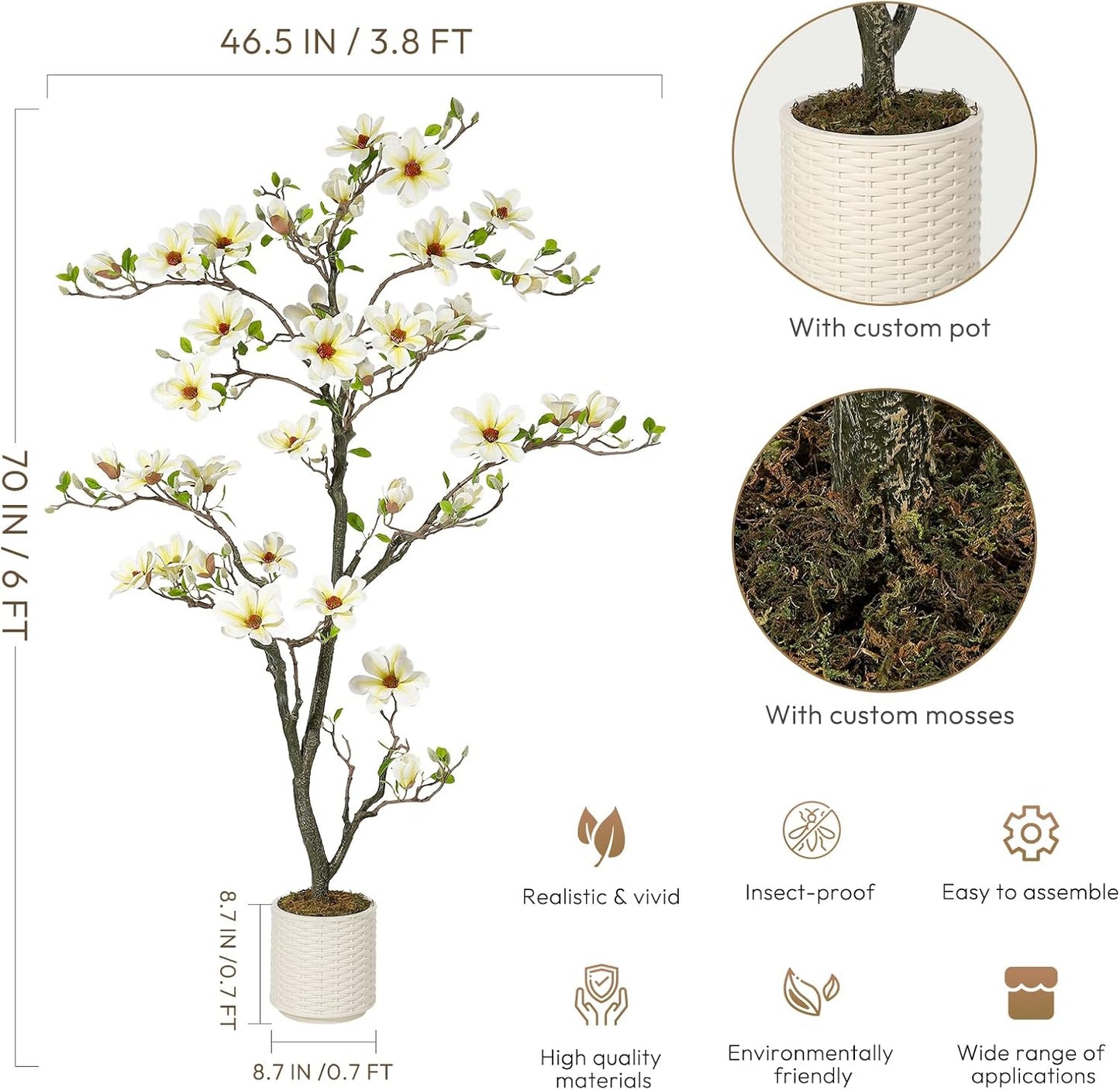 6FT Faux Magnolia Plants Artificial Flower Trees Fake Plants For Yard Patio Home Office Arrangement Decor Indoor Outdoor Artificial Magnolia Tree Inc. 180 Realisc Flowers Vivid Leaves Mosses White Pot