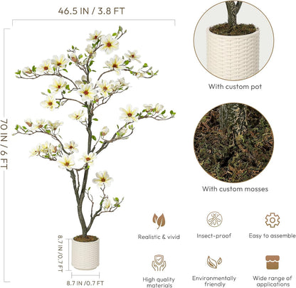 6FT Faux Magnolia Plants Artificial Flower Trees Fake Plants For Yard Patio Home Office Arrangement Decor Indoor Outdoor Artificial Magnolia Tree Inc. 180 Realisc Flowers Vivid Leaves Mosses White Pot