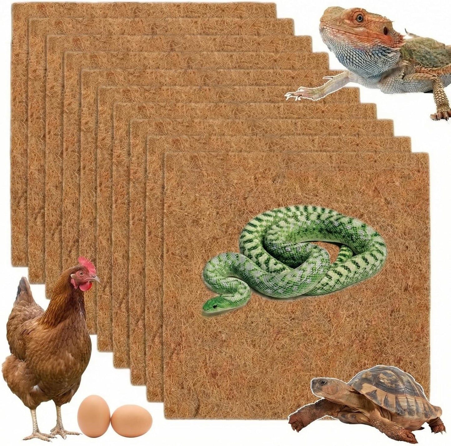 10Pcs Reptile Carpet Mat Chicken Coop Floor Liner Nesting Mat Natural Coconut Fiber Pet Mat Substrate Liner Terrarium Planter Liner for Lizard Turtle Snake Gecko Bearded Dragon Tortoise 12*12"
