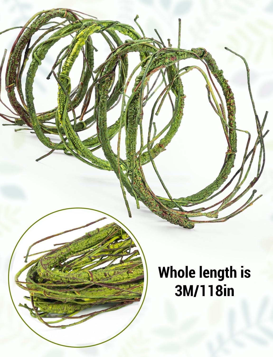 118 inch Bendable Artificial Green Tree Twigs Branches, Middle Size Wall Hanging Artificial Tree Branches, Fake Tree Twig Grape Vines for Fake Tree, Home Living and Outdoor Garde