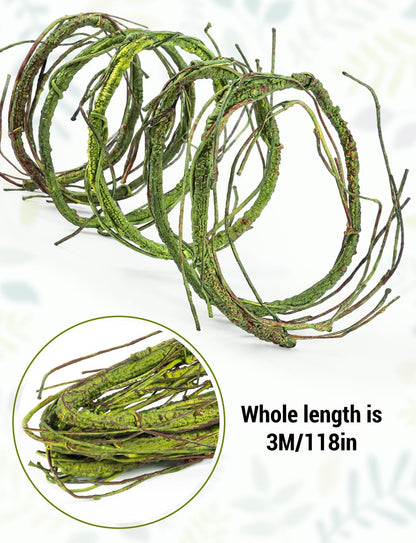 118 inch Bendable Artificial Green Tree Twigs Branches, Middle Size Wall Hanging Artificial Tree Branches, Fake Tree Twig Grape Vines for Fake Tree, Home Living and Outdoor Garde