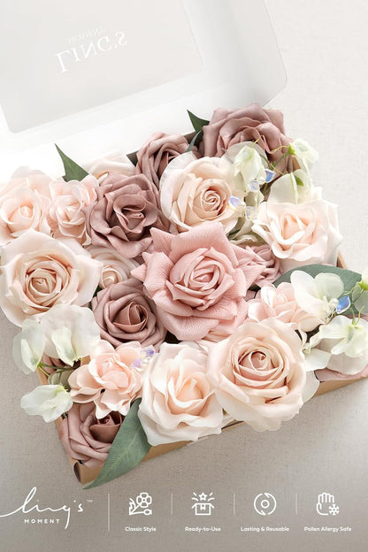 Fake Flowers Box, Faux Artificial Greenery Stems Foam Roses Poppy Gardenia Silk Hydrangea Peony Fabic Flower for Centerpieces Bouquet Wedding Floral Vase, English Pastel, Deluxe Combo