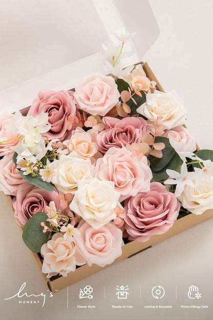 Fake Flowers Box, Faux Artificial Greenery Stems Foam Roses Poppy Gardenia Silk Hydrangea Peony Fabic Flower for Centerpieces Bouquet Wedding Floral Vase, English Pastel, Deluxe Combo