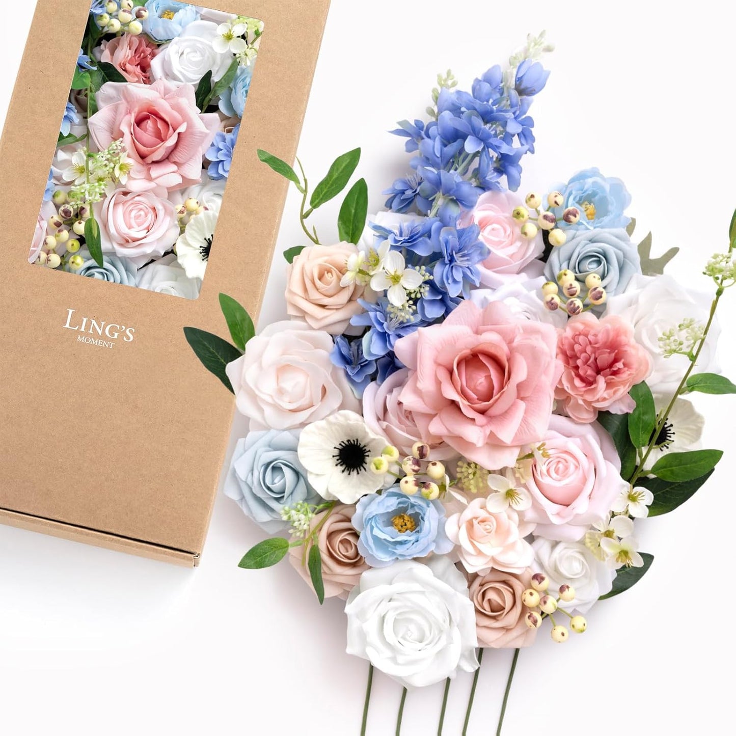 Fake Flowers Box, Faux Artificial Greenery Stems Foam Roses Poppy Gardenia Silk Hydrangea Peony Fabic Flower for Centerpieces Bouquet Wedding Floral Vase, English Pastel, Deluxe Combo