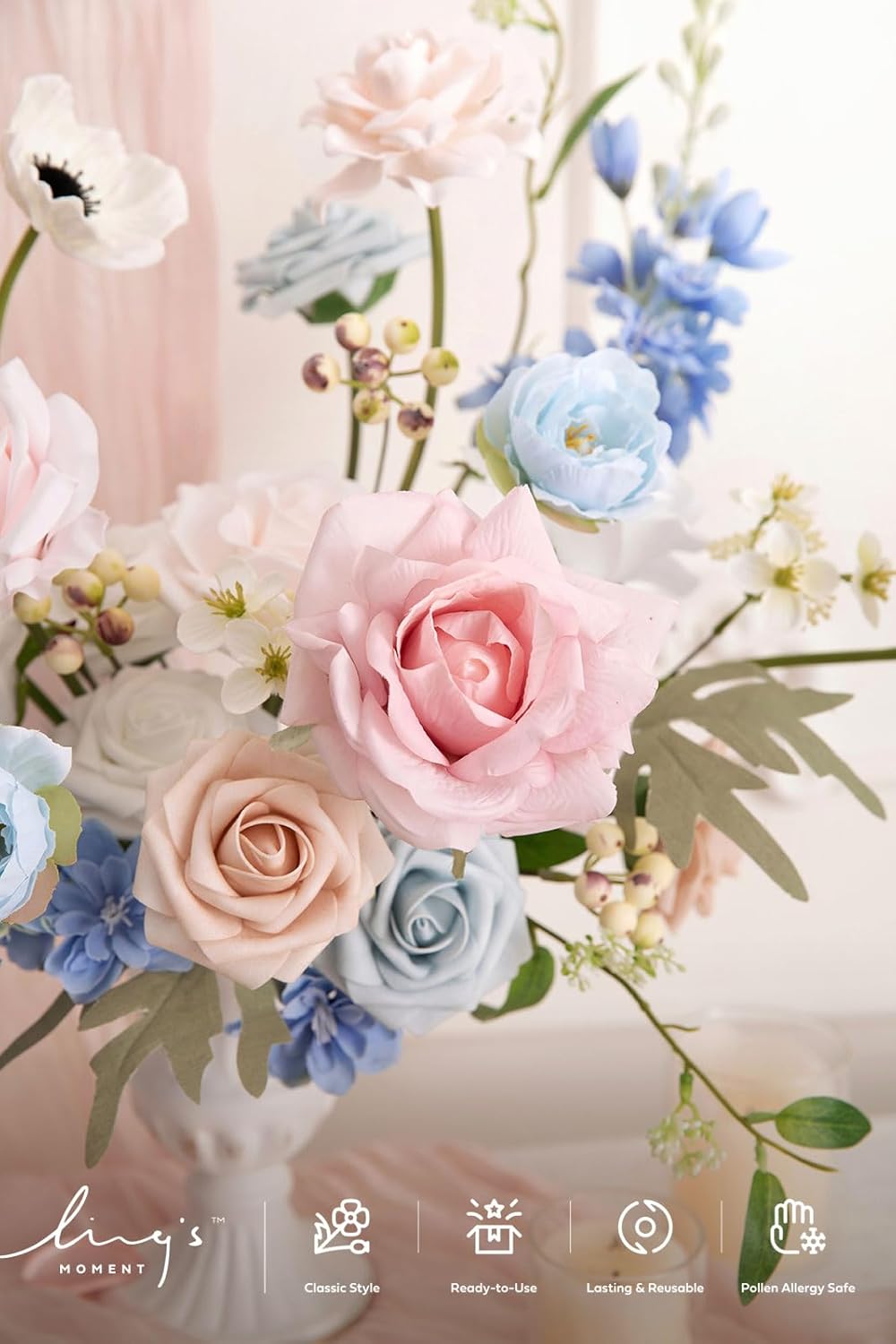 Fake Flowers Box, Faux Artificial Greenery Stems Foam Roses Poppy Gardenia Silk Hydrangea Peony Fabic Flower for Centerpieces Bouquet Wedding Floral Vase, English Pastel, Deluxe Combo