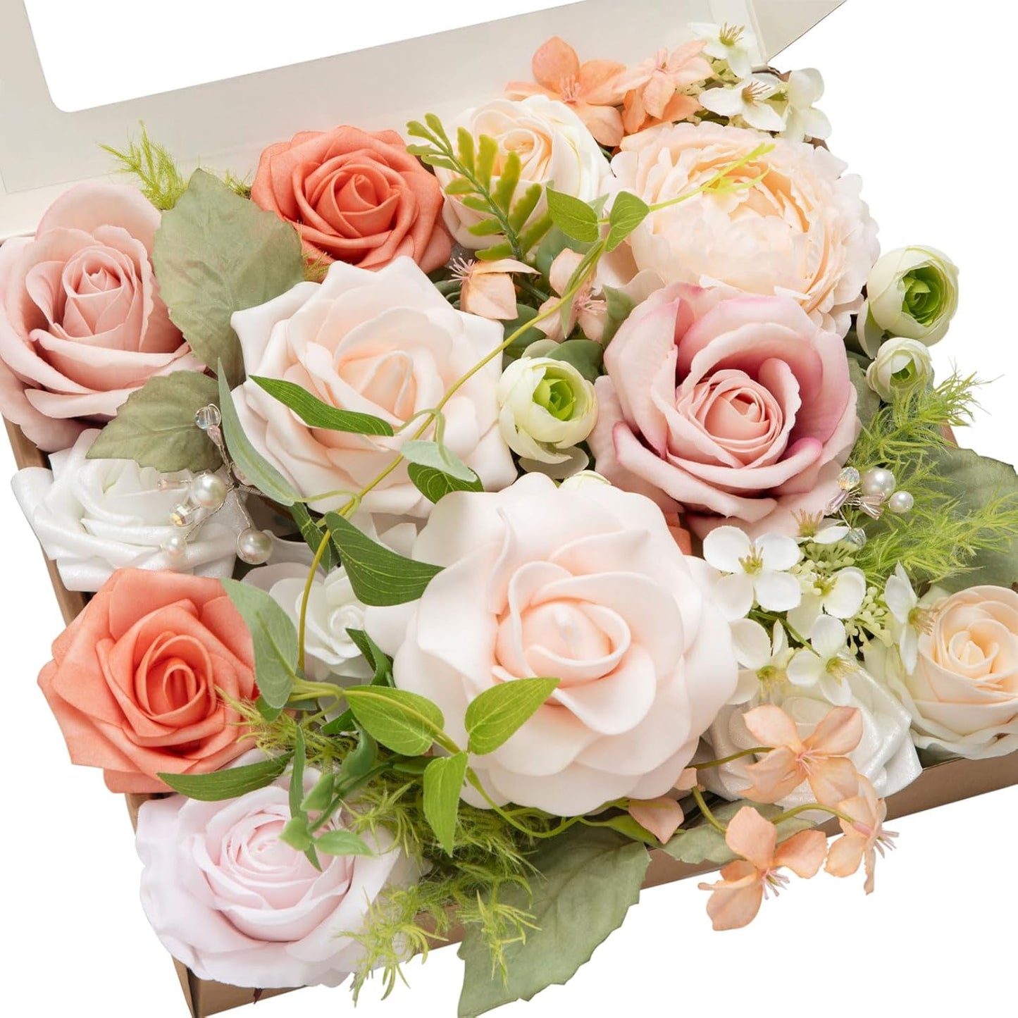 Fake Flowers Box, Faux Artificial Greenery Stems Foam Roses Poppy Gardenia Silk Hydrangea Peony Fabic Flower for Centerpieces Bouquet Wedding Floral Vase, English Pastel, Deluxe Combo
