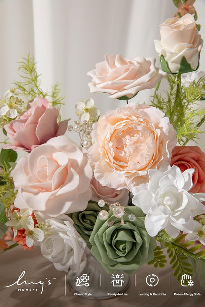 Fake Flowers Box, Faux Artificial Greenery Stems Foam Roses Poppy Gardenia Silk Hydrangea Peony Fabic Flower for Centerpieces Bouquet Wedding Floral Vase, English Pastel, Deluxe Combo