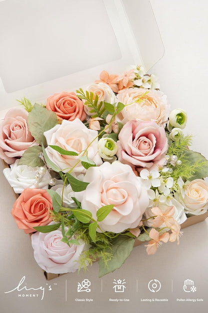 Fake Flowers Box, Faux Artificial Greenery Stems Foam Roses Poppy Gardenia Silk Hydrangea Peony Fabic Flower for Centerpieces Bouquet Wedding Floral Vase, English Pastel, Deluxe Combo