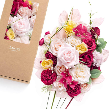 Fake Flowers Box, Faux Artificial Greenery Stems Foam Roses Poppy Gardenia Silk Hydrangea Peony Fabic Flower for Centerpieces Bouquet Wedding Floral Vase, English Pastel, Deluxe Combo