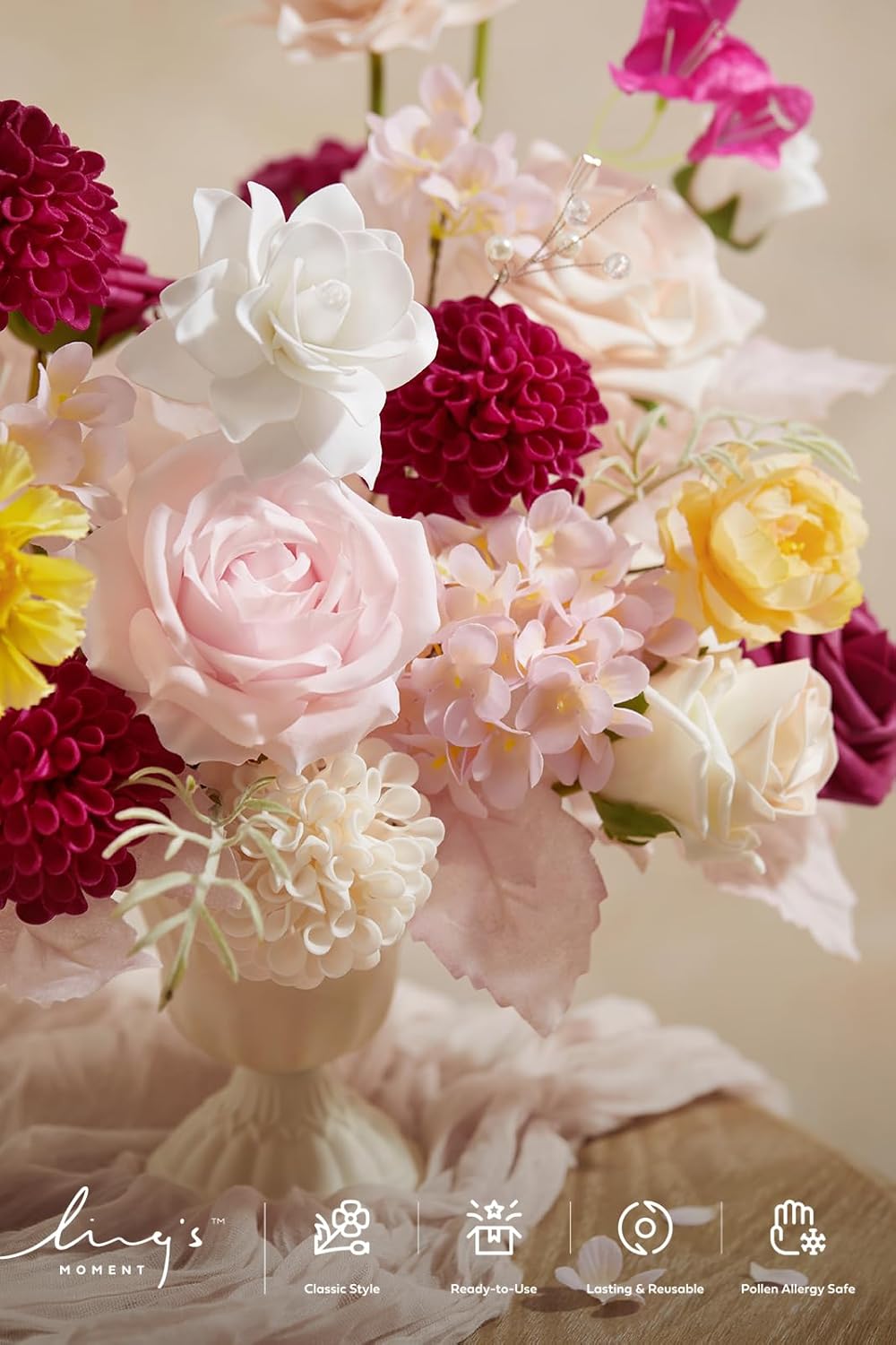 Fake Flowers Box, Faux Artificial Greenery Stems Foam Roses Poppy Gardenia Silk Hydrangea Peony Fabic Flower for Centerpieces Bouquet Wedding Floral Vase, English Pastel, Deluxe Combo